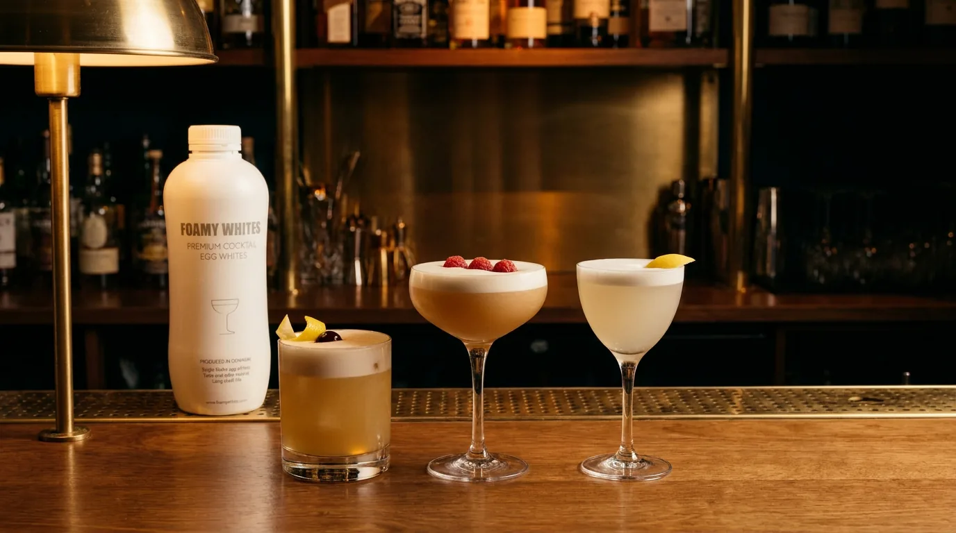 Three finished egg-white cocktails lined up beside the bottle on the pass at night