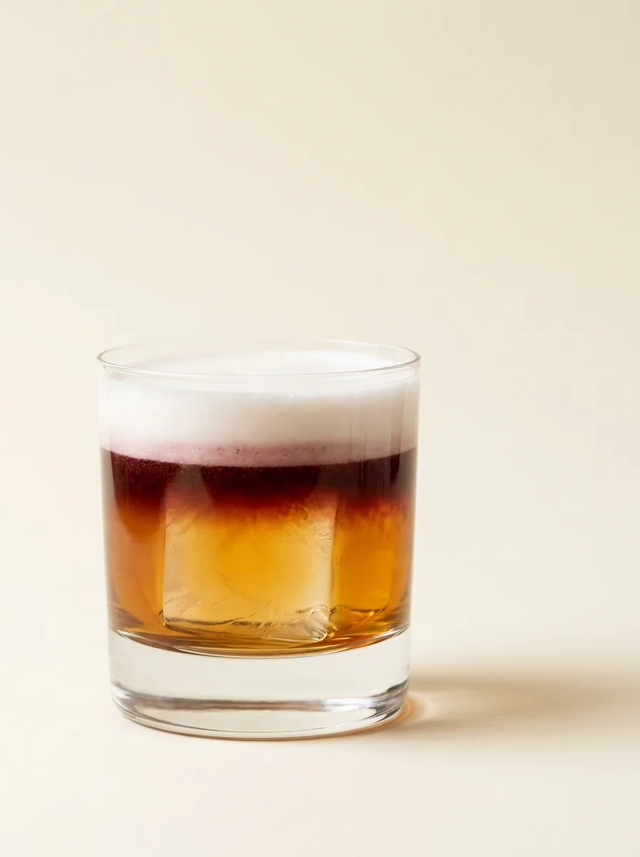 New York Sour served in a rocks glass with a layered red wine float over bourbon and a dense white foam, photographed on a warm off-white surface.