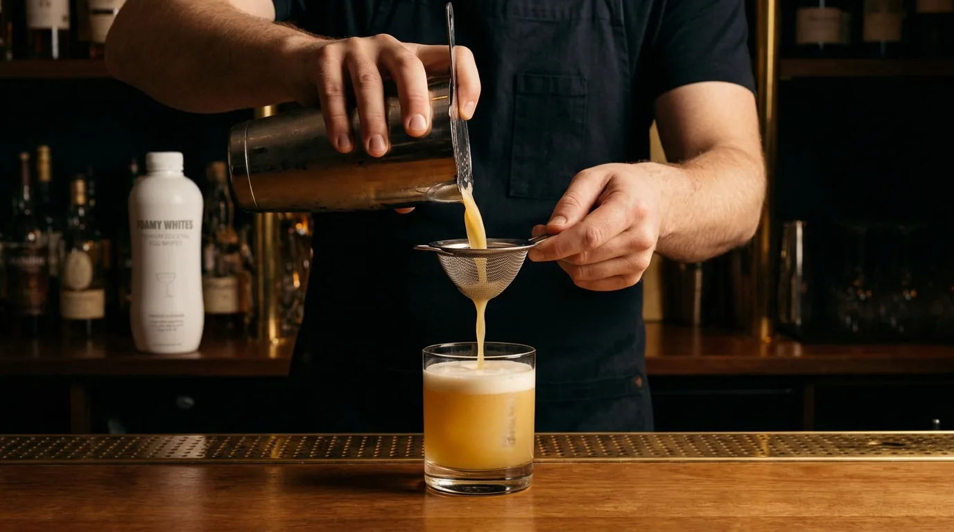 A bartender fine-strains a finished sour into a rocks glass during evening service