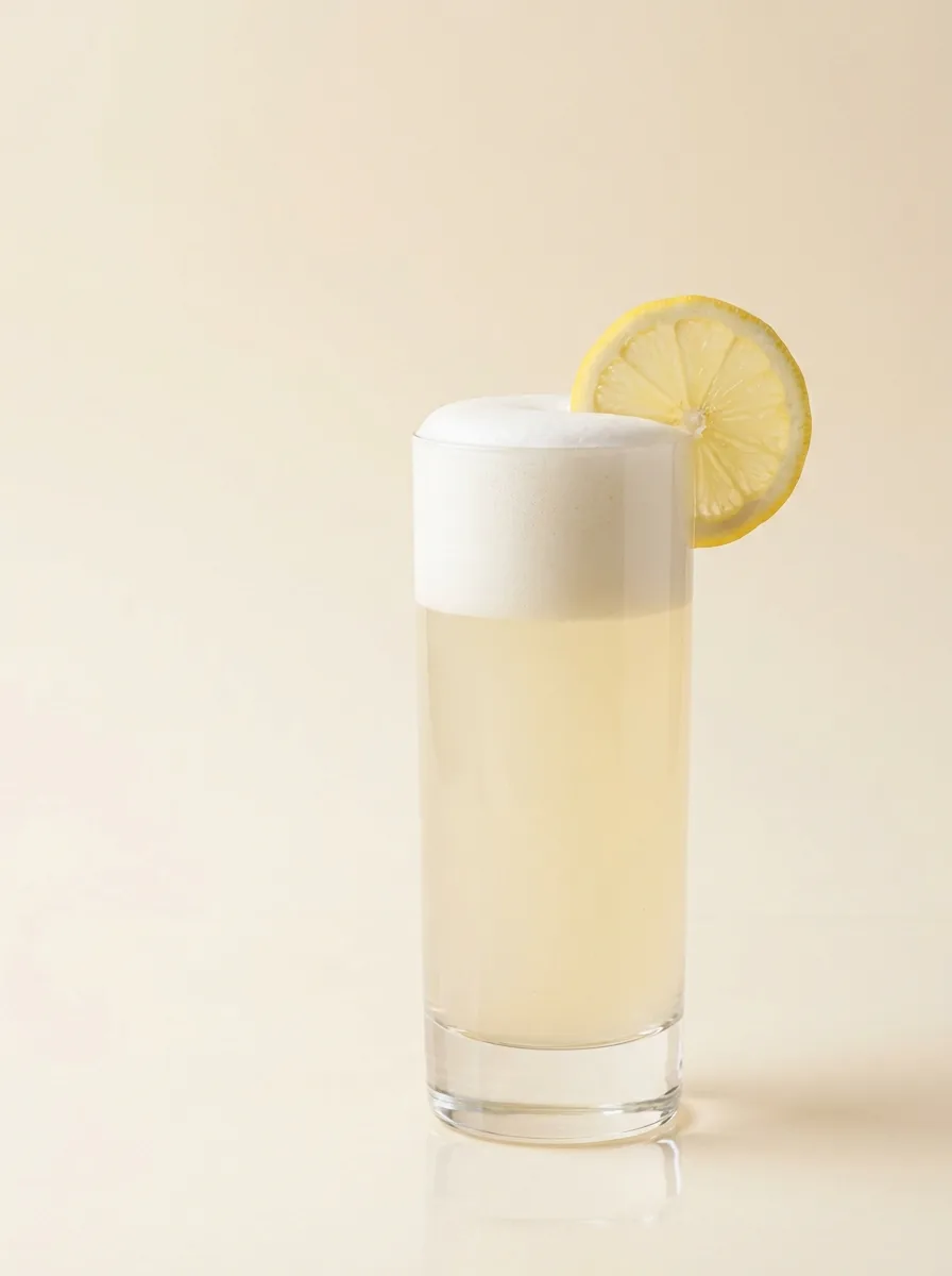 Gin Fizz served in a highball glass with a tall silky foam and a lemon wheel garnish, photographed on a warm off-white surface.