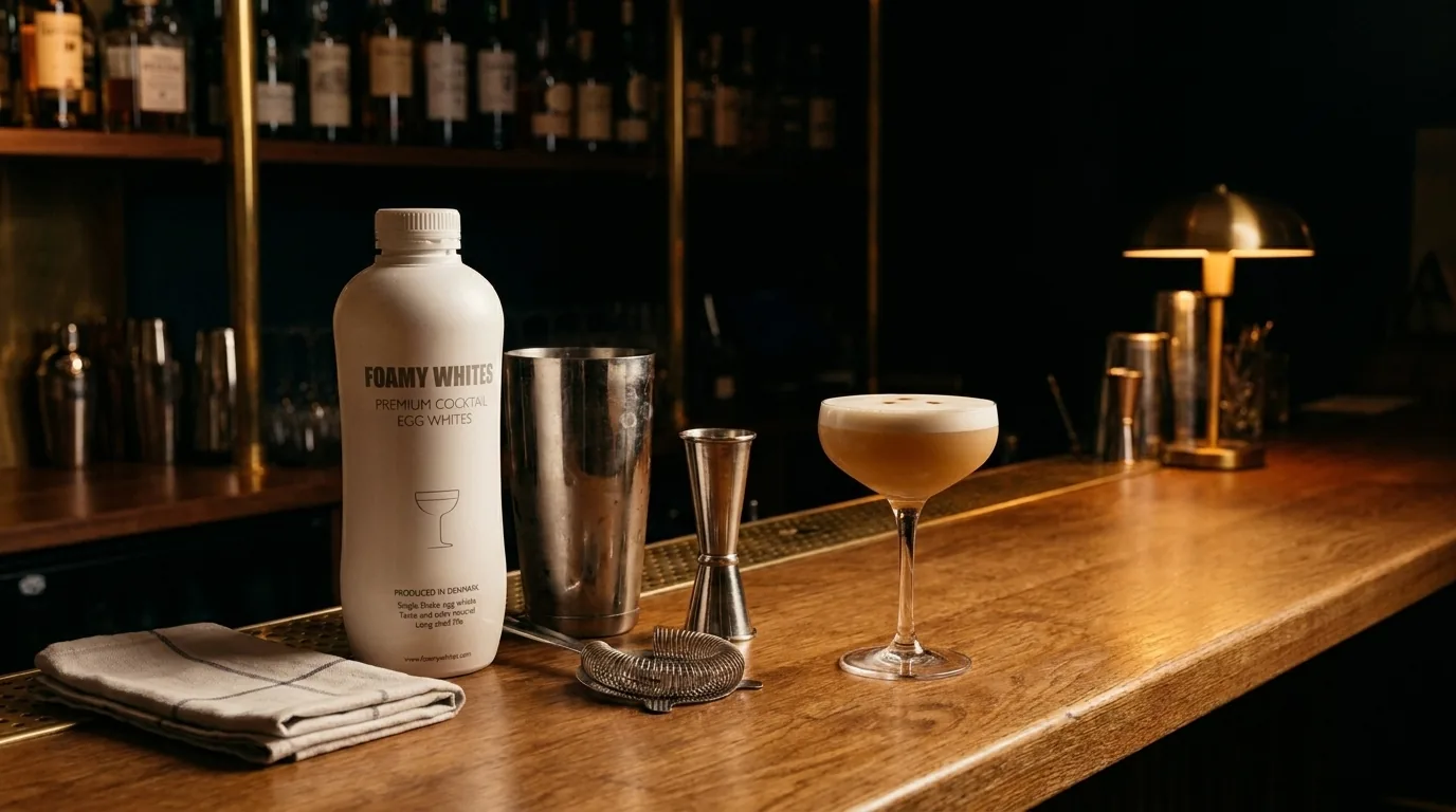 A finished sour under a single brass lamp on a long bar top at night