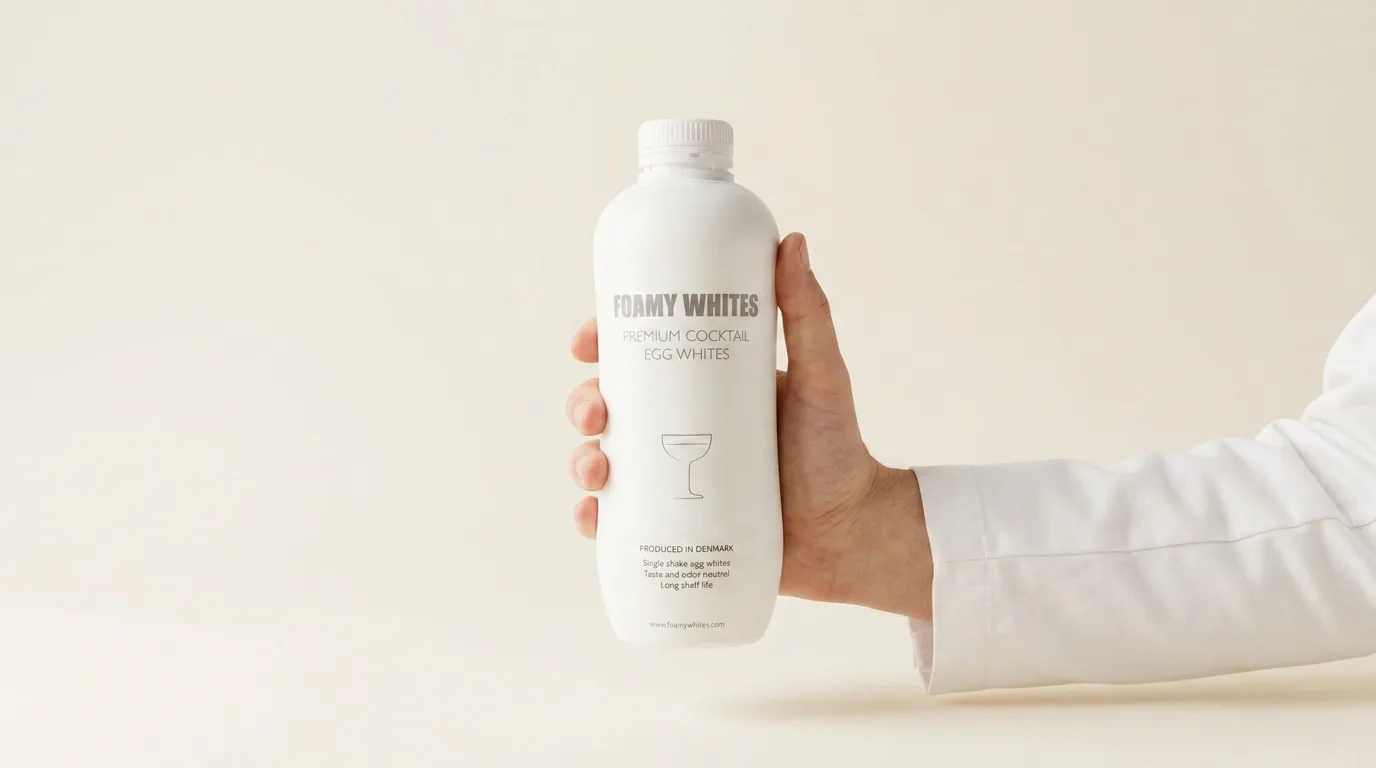 A bartender holds the FOAMY WHITES bottle in a white jacket