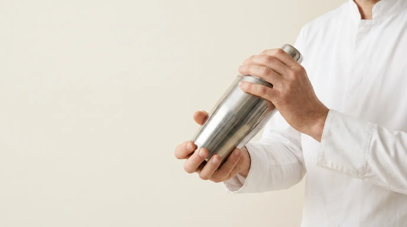 A bartender mid hard-shake, steel shaker held against ivory light