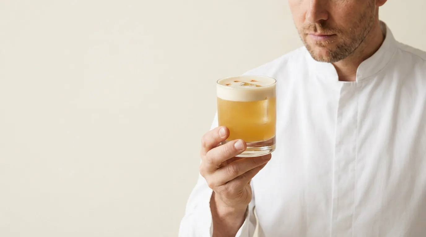 A bartender presents a freshly finished sour