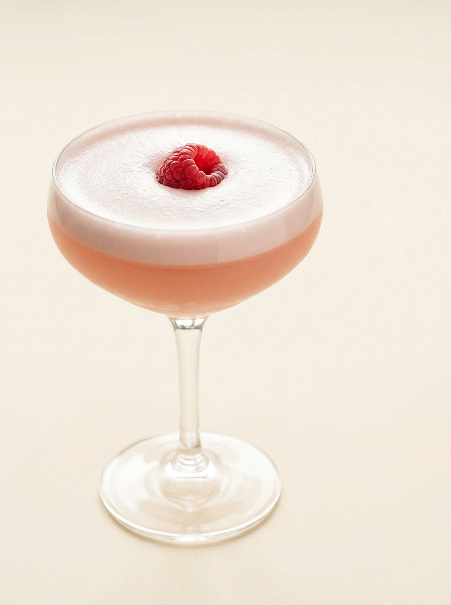 Clover Club served in a coupe with a dense pale pink foam topped with a single fresh raspberry, photographed on a warm off-white surface.