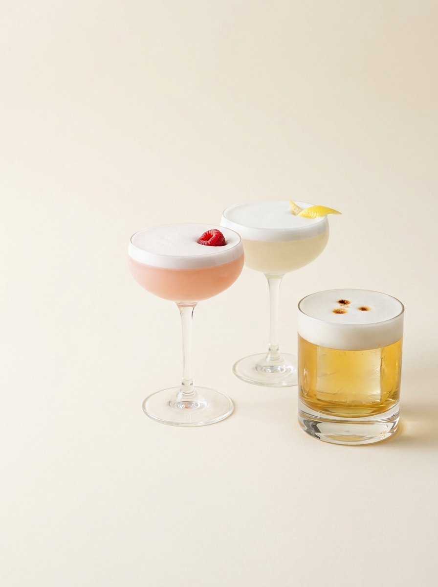 Three perfected egg white cocktails on a clean editorial background