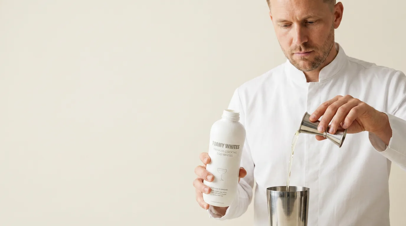 A bartender measures FOAMY WHITES with a jigger over a cocktail shaker