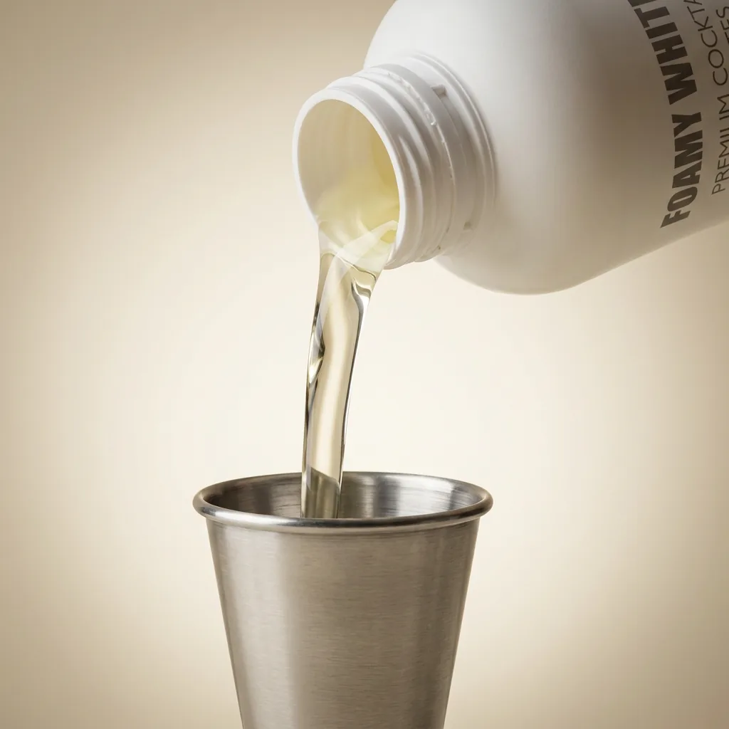 A measured stream of FOAMY WHITES poured from the bottle neck into a steel jigger