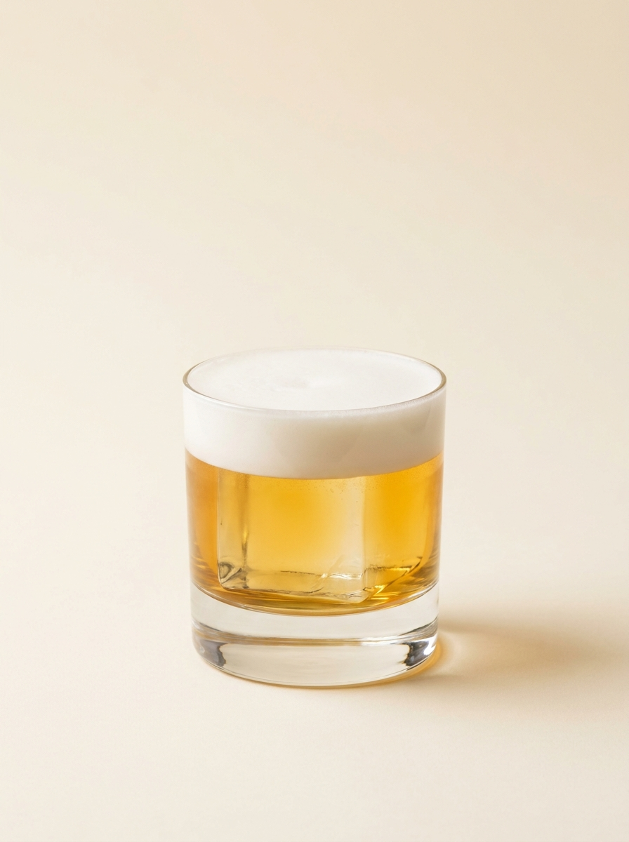 Boston Sour served in a rocks glass with a dense white foam over bourbon, photographed on a warm off-white surface.