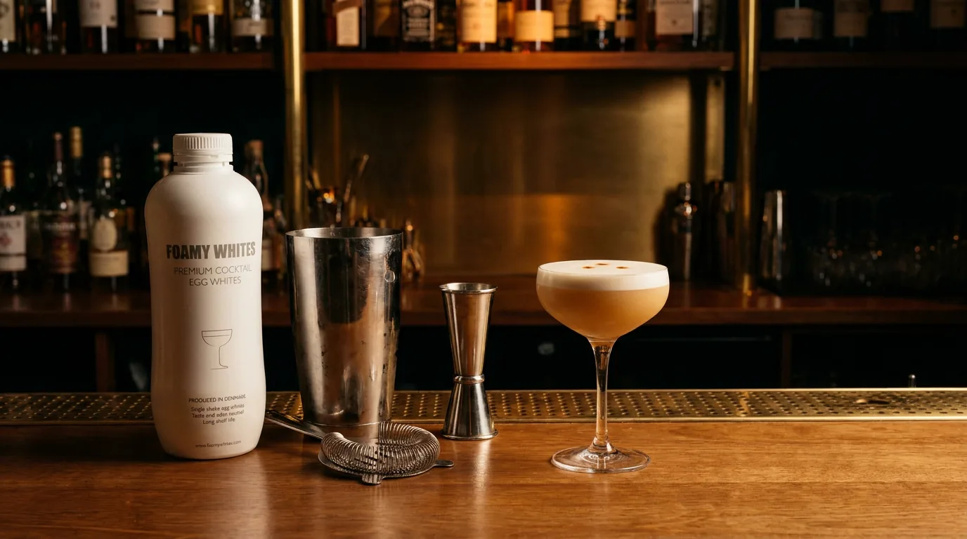 The FOAMY WHITES bottle, shaker and jigger on a working bar station beside a finished sour