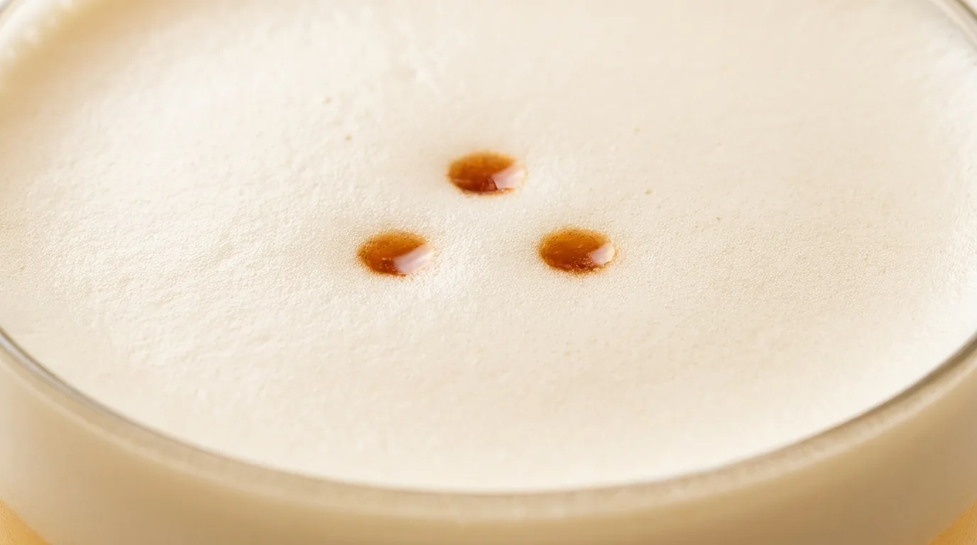 Macro detail of dense egg-white foam finished with three dots of bitters