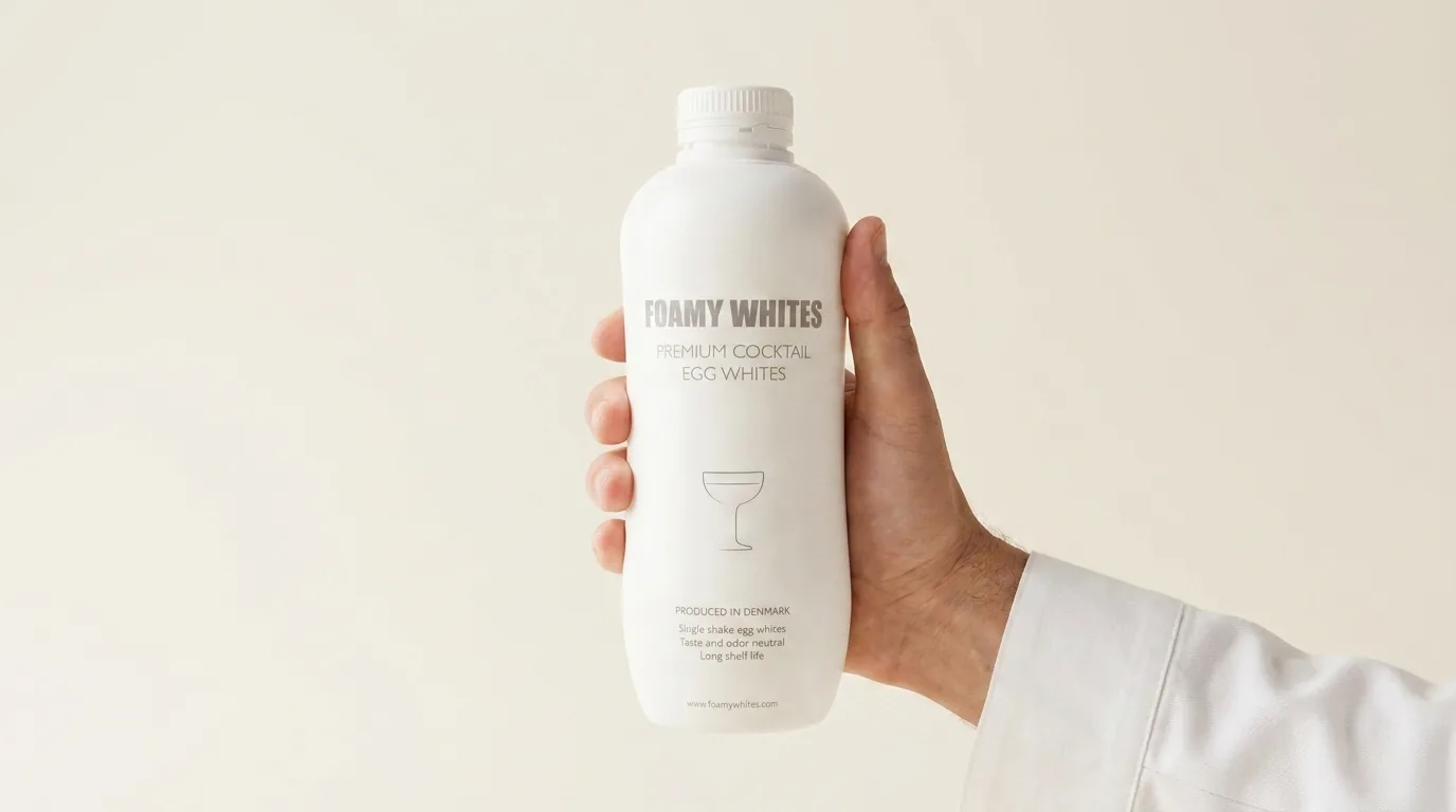 The FOAMY WHITES 1000 g bottle held in hand, showing its real scale behind the bar