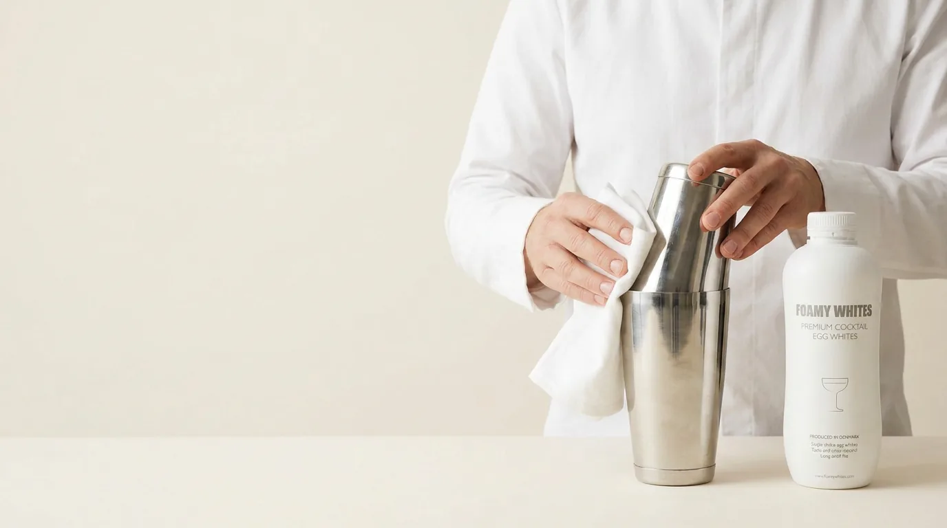A bartender polishes a shaker between rounds