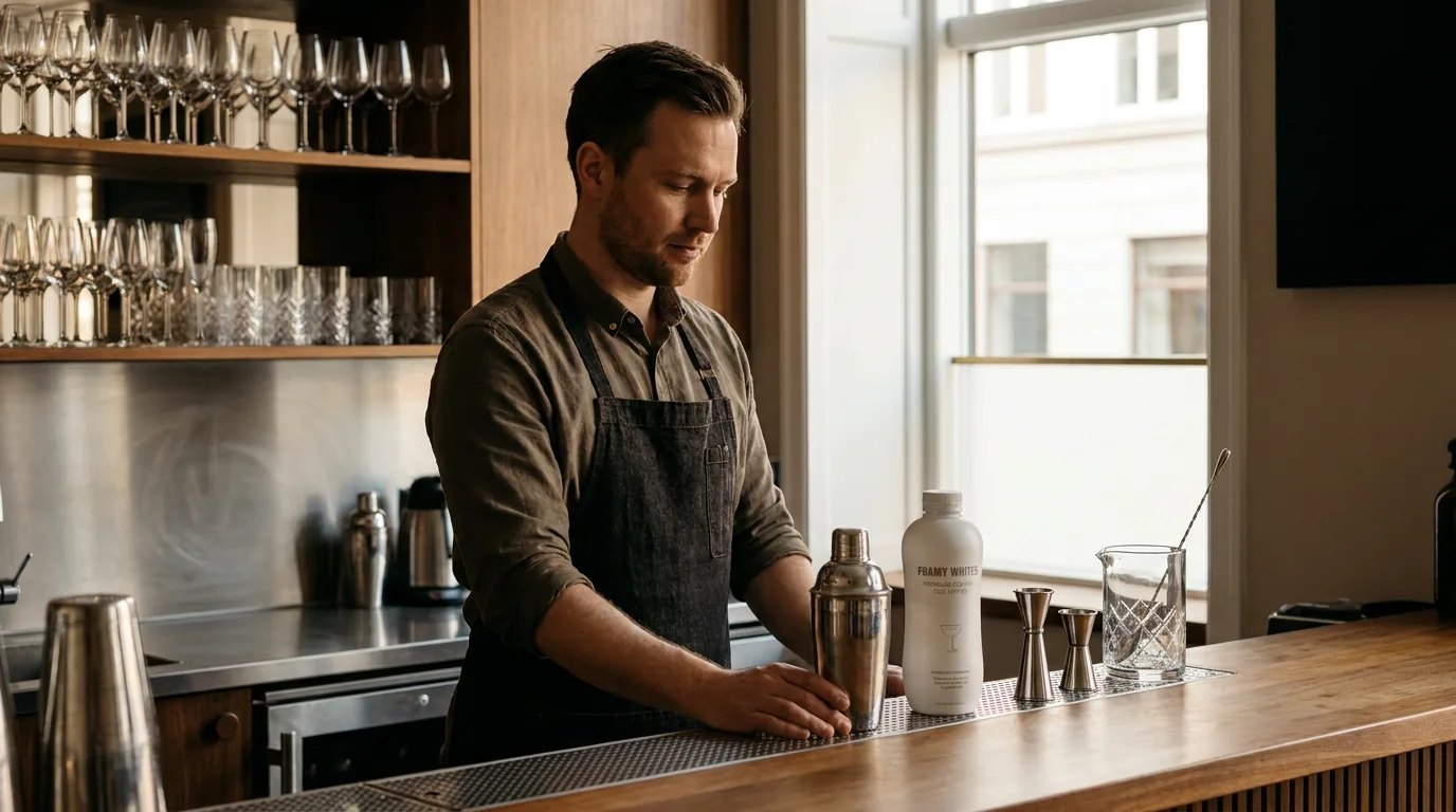 A bartender sets up the station in window light with the FOAMY WHITES bottle and tools laid out