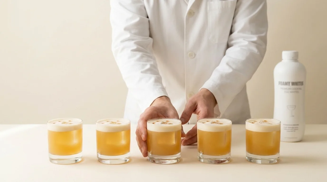 A finished cocktail is placed onto a tray during service