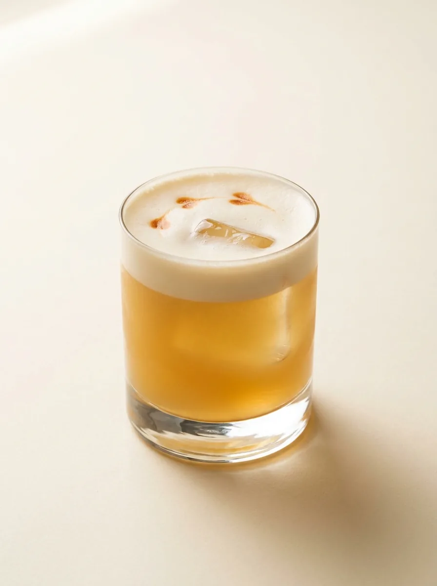 Whiskey Sour served in a rocks glass with a dense white foam and three Angostura bitters dots on top, photographed on a warm off-white surface.