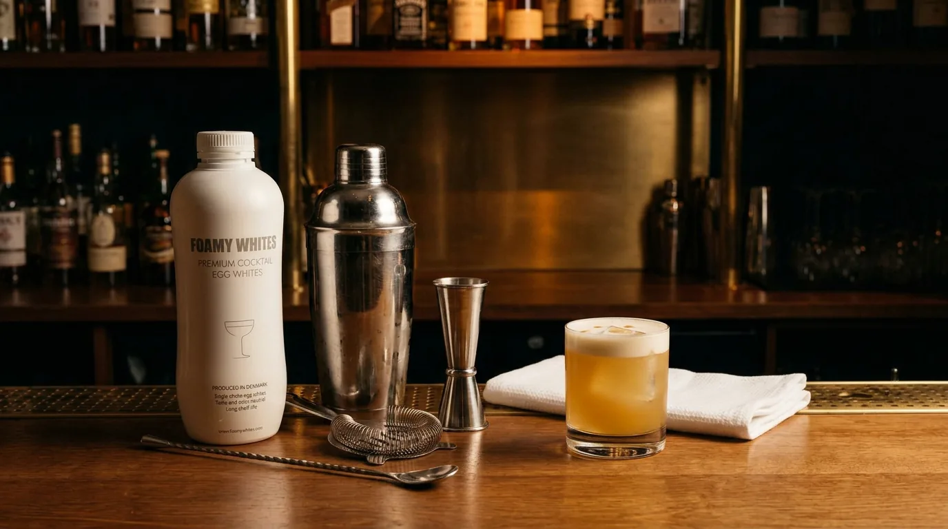 Bottle, tools and a finished sour resting on a folded napkin under warm bar light