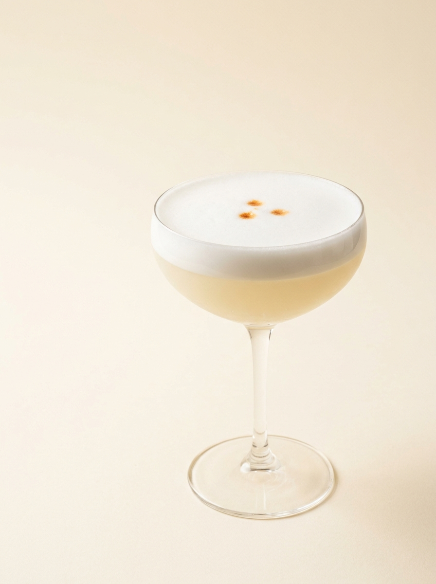Pisco Sour served in a coupe with a dense white foam finished with three drops of Angostura bitters, photographed on a warm off-white surface.