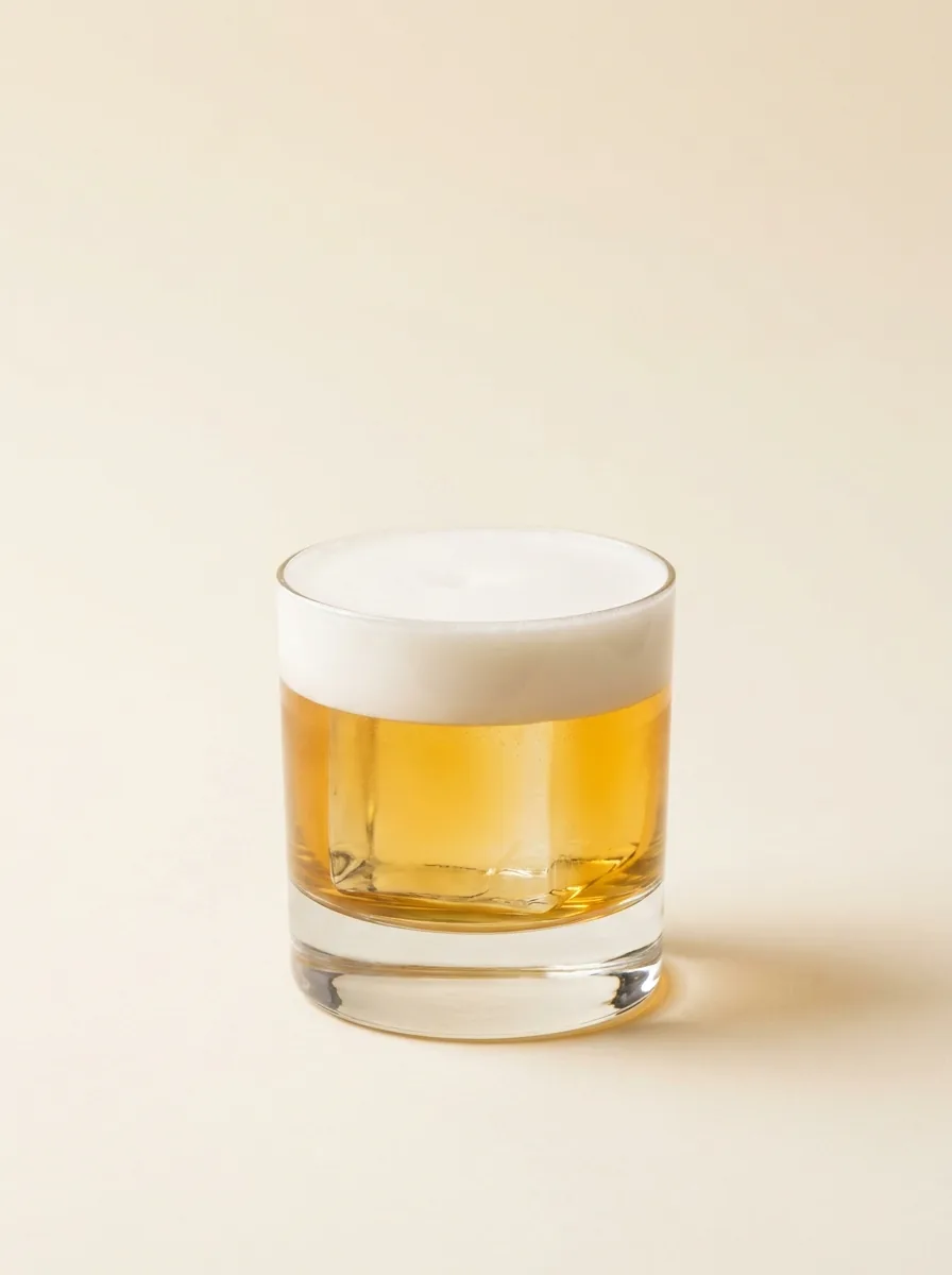Boston Sour served in a rocks glass with a dense white foam over bourbon, photographed on a warm off-white surface.