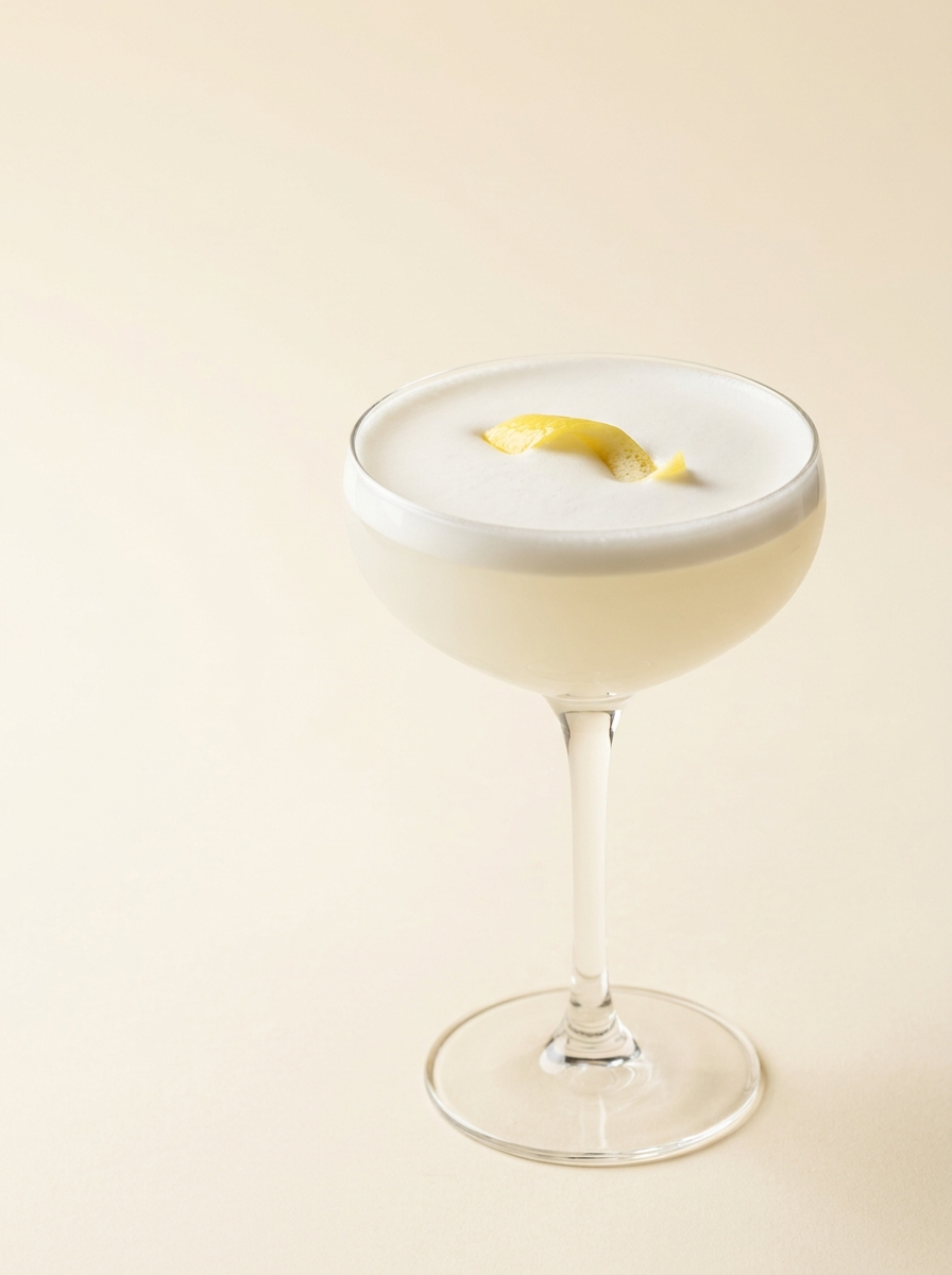 White Lady served in a coupe with a dense white foam and a lemon twist, photographed on a warm off-white surface.